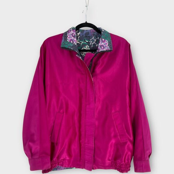 Vintage 80s Silk Reversible Jacket Funky Geometric Solid Fuschia Pink Oversized - Picture 2 of 10